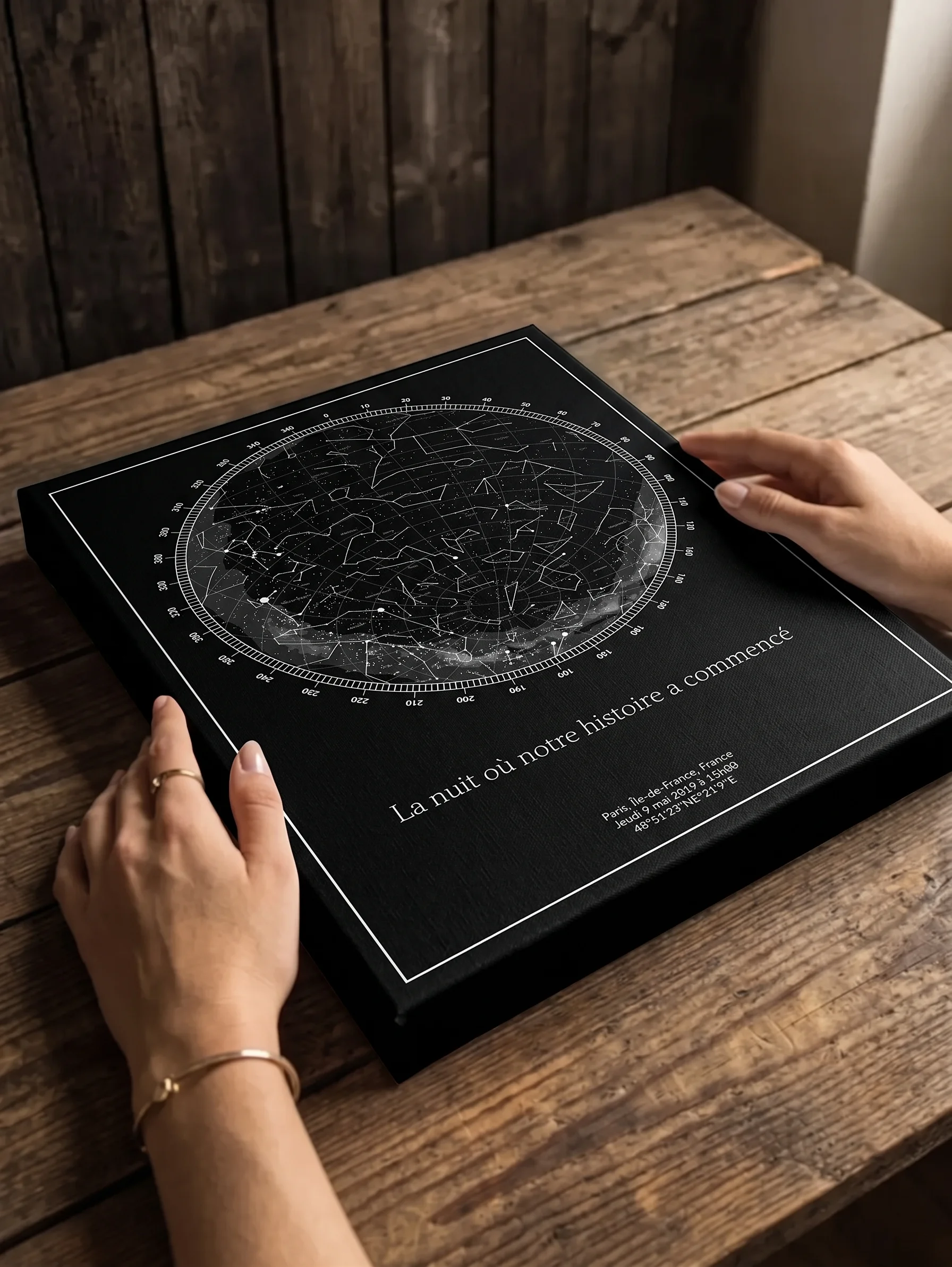 Mapa estelar impreso sobre lienzo tensado en bastidor de madera